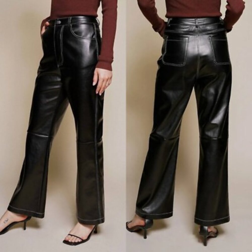 Beige Botany Luxe Faux Leather Straight Leg High Rise Pants in Black Size M
